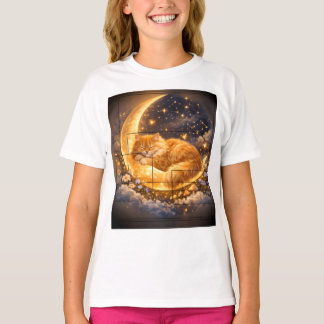 Cute Sleeping Cat on Crescent Moon Kids T-Shirt