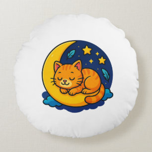 Cute Sleeping Cat on Moon Round Pillow – 