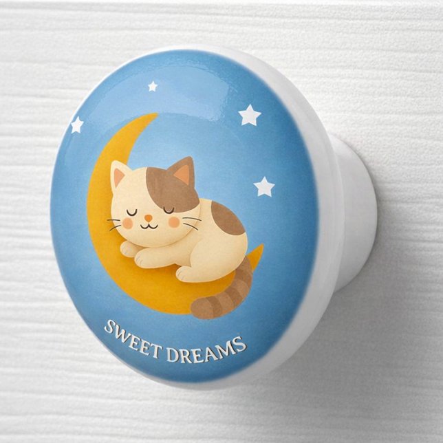 Cute Sleeping Cat on Moon Sweet Dreams  Ceramic Knob (Personalized nursery of child bedroom ceramic knob with cute kitten sleeping on the moon )