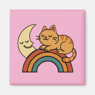 Cute Sleeping Cat on Rainbow with Moon – Funny Cat Magnet