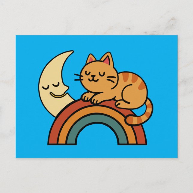 Cute Sleeping Cat on Rainbow with Moon  Postcard (Front)