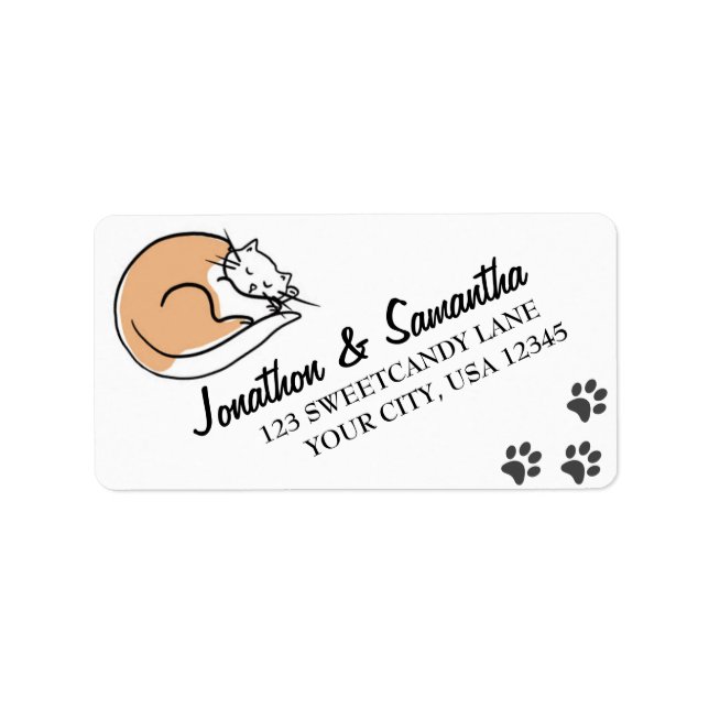 Cute Sleeping Cat & Paw Prints Address Label (Front)