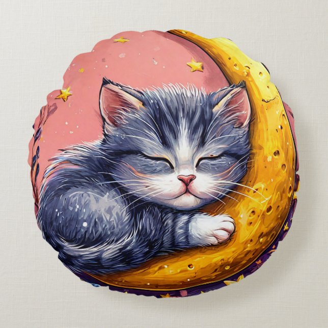 Cute sleeping cat resting on a crescent moon round cushion (Front)