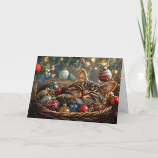 Cute Sleeping Cat Under Christmas Tree Holiday Card