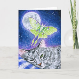 Cute Sleeping Cat with Luna Moth Holiday Card