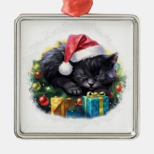 CUTE SLEEPING CHRISTMAS HOLIDAY BLACK KITTEN METAL ORNAMENT