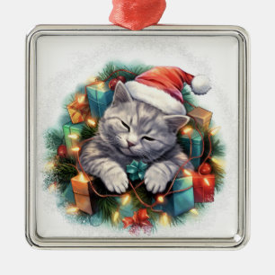 CUTE SLEEPING CHRISTMAS HOLIDAY GRAY KITTEN METAL ORNAMENT