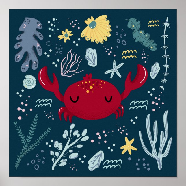 Cute Sleeping Crab Underwater Doodle Poster (Front)