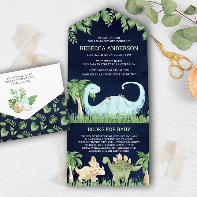 Cute Sleeping Dinosaur Navy Blue Baby Shower All In One Invitation (Creator Uploaded)