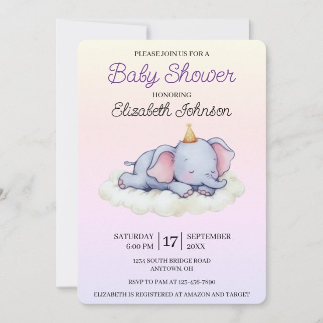 Cute Sleeping Elephant Baby Shower Invitation (Front)