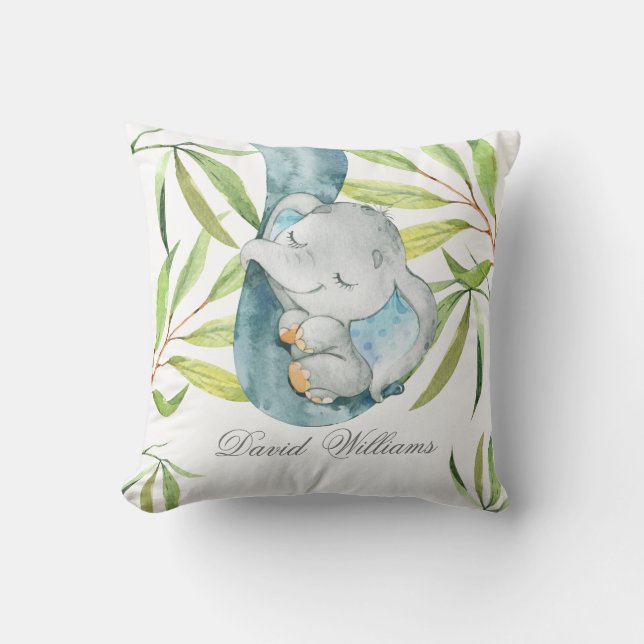 Cute Sleeping Elephant Boy Nursery Personalised Cushion (Front)
