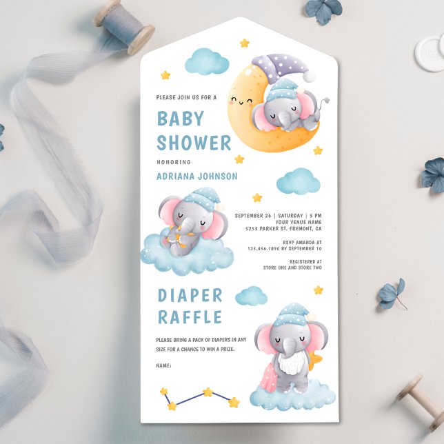 Cute Sleeping Elephant Crescent Moon Baby Shower All In One Invitation (Creator Uploaded)