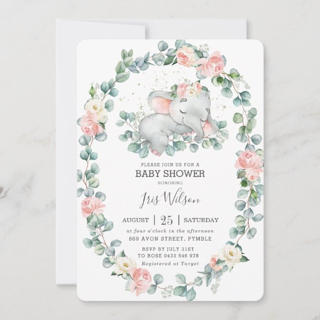 Cute Sleeping Elephant Greenery Baby Shower Girl Invitation (Front)