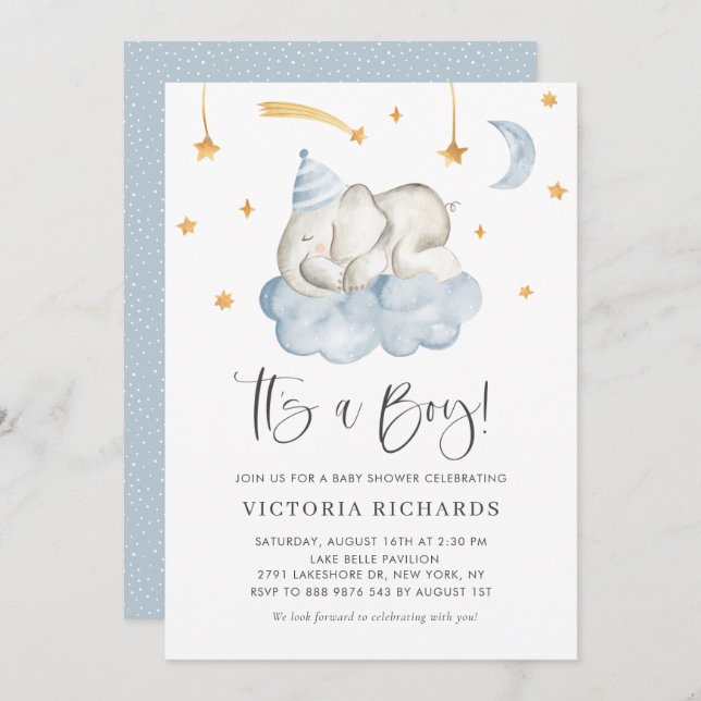 Cute Sleeping Elephant It's a Boy Baby Shower Invitation (Front/Back)