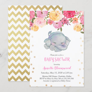 Cute Sleeping Elephant Pink Floral Baby Shower Invitation