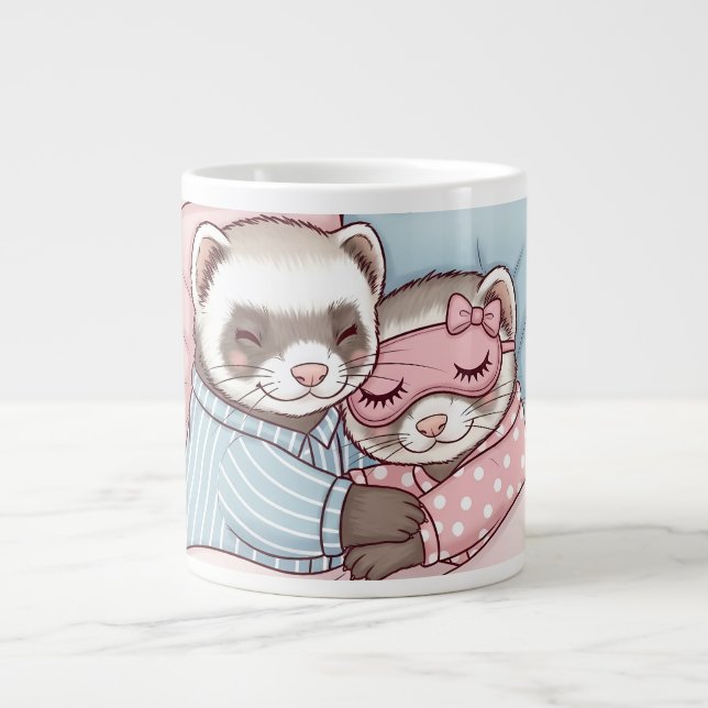 Cute Sleeping Ferret Couple in Pajamas Love Mug (Front)
