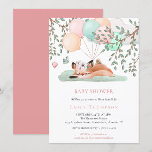 Cute Sleeping Fox Balloon Pink Baby Shower Invitation