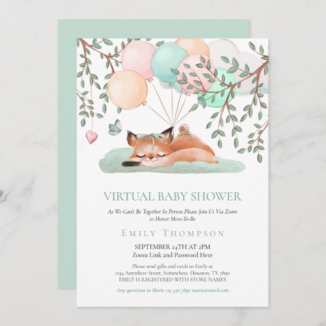 Cute Sleeping Fox Balloon Teal Virtual Baby Shower Invitation (Front/Back)