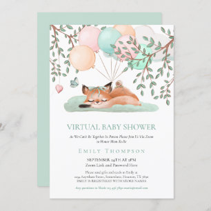 Cute Sleeping Fox Balloon Teal Virtual Baby Shower Invitation