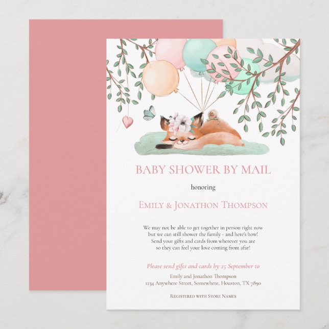Cute Sleeping Fox Balloons Baby Shower By Mail Invitation (Front/Back)