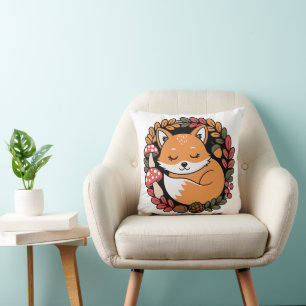 Cute Sleeping Fox in Autumn Wreath Woodland Animal Cushion