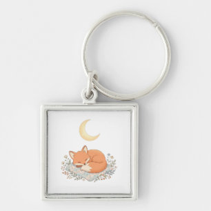 Cute Sleeping Fox on Quilt under Crescent Moon AI  Key Ring