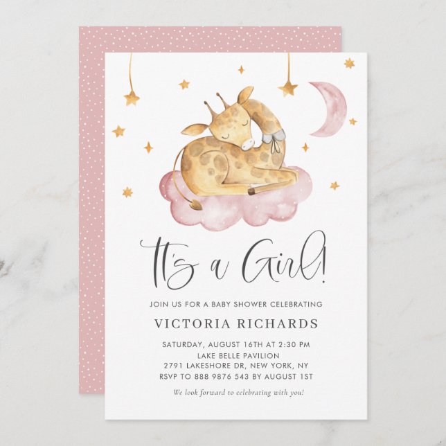 Cute Sleeping Giraffe Pink It's a Girl Baby Shower Invitation (Front/Back)