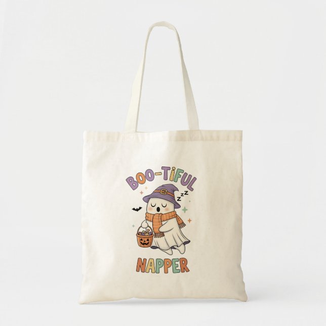 Cute Sleeping Halloween Witch Napper Ghost Tote Bag (Front)