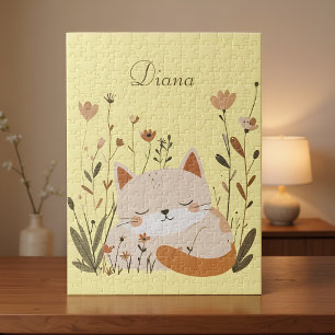 Cute Sleeping Kitten Floral Custom Name Jigsaw Puzzle