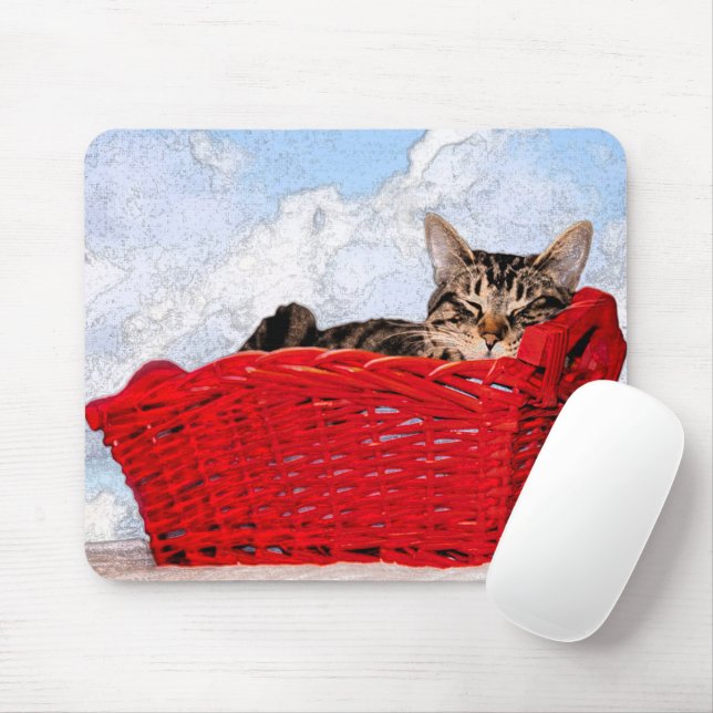 Cute Sleeping Kitten in Bright Red Basket Photo Mouse Pad (With Mouse)