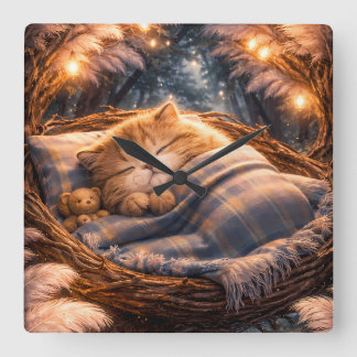 Cute Sleeping Kitten Nursery Wall Art Decor Square Wall Clock