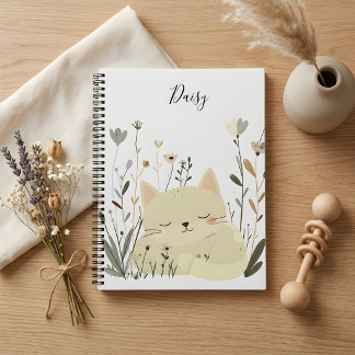 Cute Sleeping Kitten Sage & Pastel Floral Notebook
