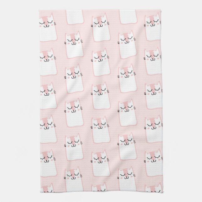 Cute Sleeping Kitty Cat Pattern Tea Towel (Vertical)