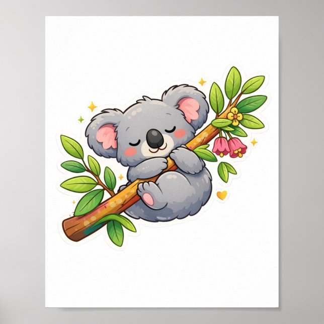Cute Sleeping Koala on Eucalyptus Branch Kawaii Poster (Front)
