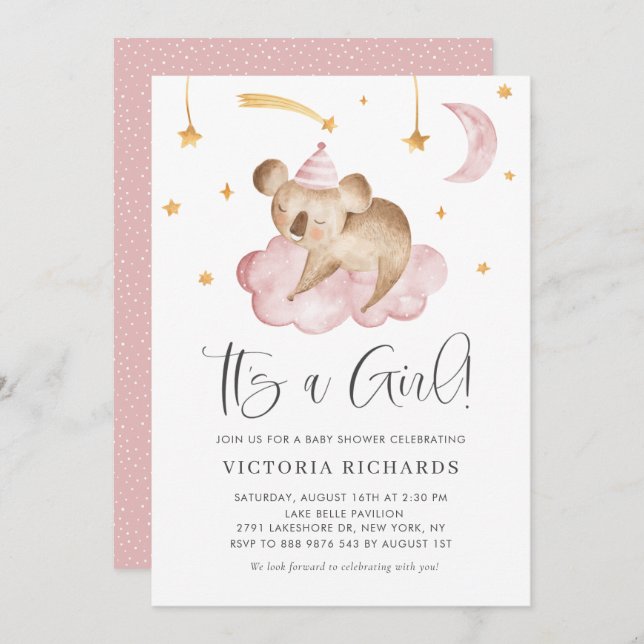 Cute Sleeping Koala Pink It's a Girl Baby Shower Invitation (Front/Back)