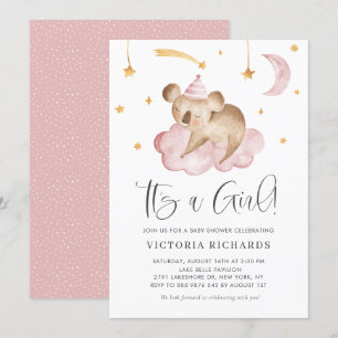 Cute Sleeping Koala Pink It's a Girl Baby Shower Invitation