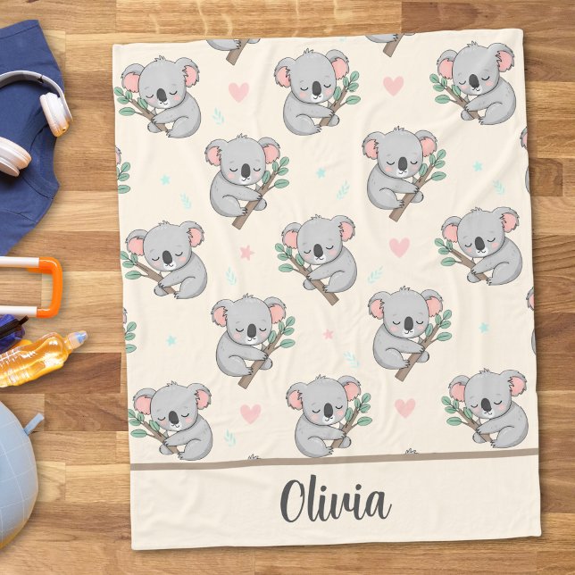 Cute Sleeping Koala with Eucalyptus Pattern Fleece Blanket (Creator Uploaded)