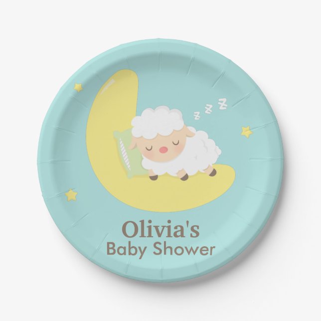 Cute Sleeping Lamb Baby Shower Party Supplies Paper Plate (Front)