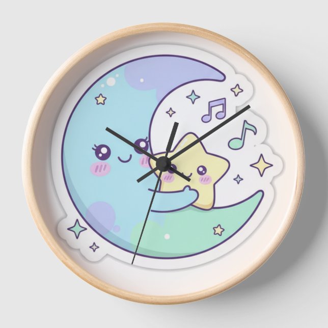 Cute Sleeping Moon and Star Nursery Wall Clock (Front)