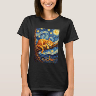Cute Sleeping Orange Cat Cosy Night Stars Van Gogh T-Shirt