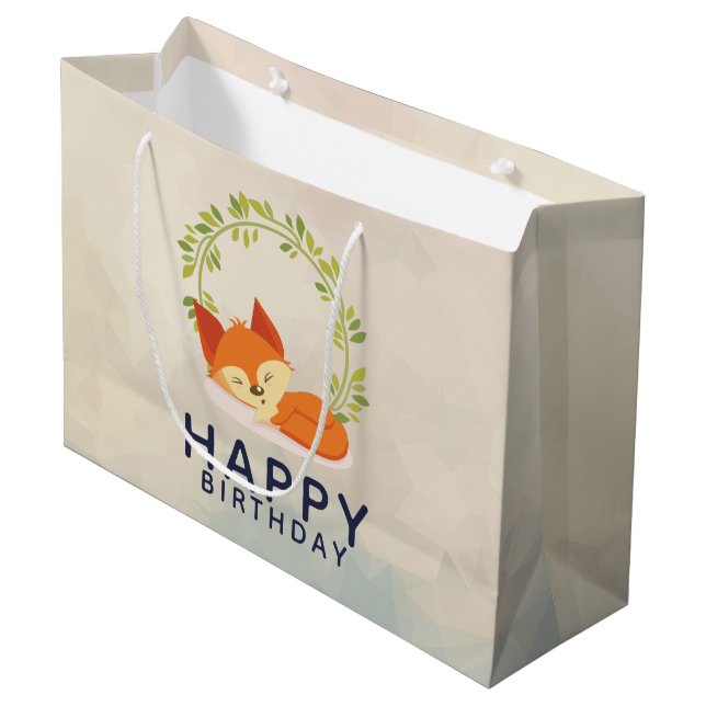 Cute Sleeping Orange Fox Happy Birthday Large Gift Bag (Front Angled)