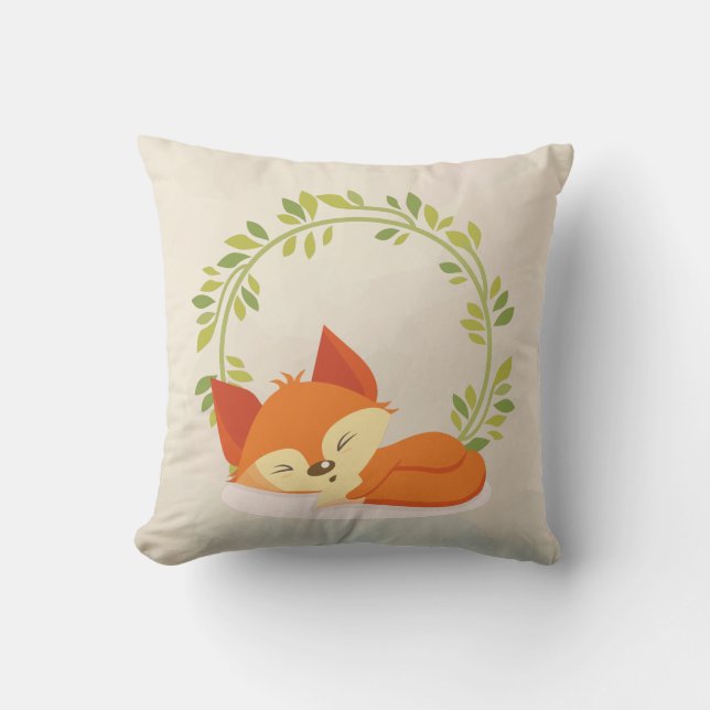 Cute Sleeping Orange Fox with Green Leaves Wreath Cushion (Front)