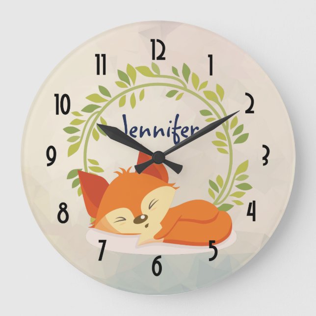 Cute Sleeping Orange Fox with Green Leaves Wreath Large Clock (Front)