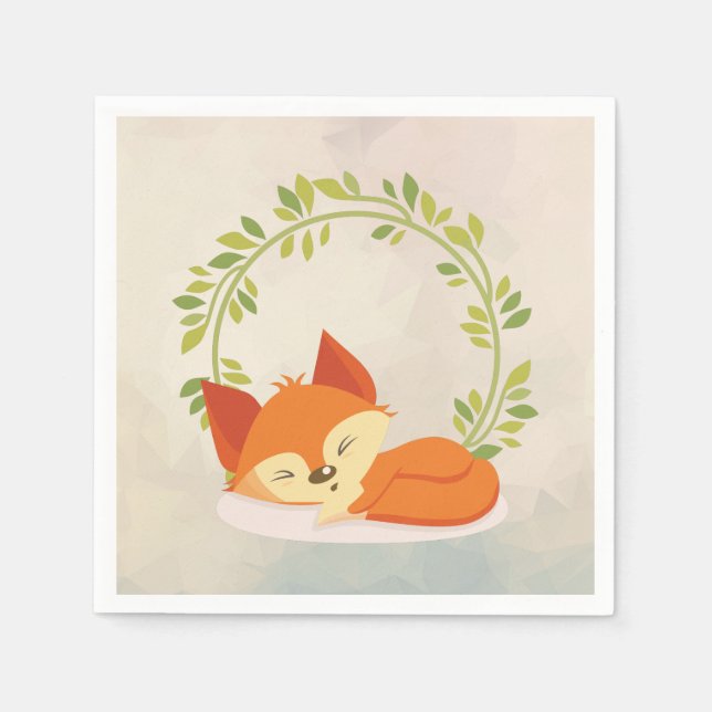 Cute Sleeping Orange Fox with Green Leaves Wreath Napkin (Front)