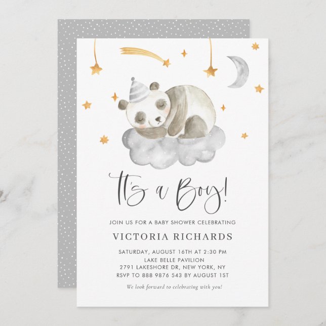 Cute Sleeping Panda Grey It's a Boy Baby Shower Invitation (Front/Back)