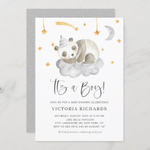 Cute Sleeping Panda Grey It's a Boy Baby Shower Invitation