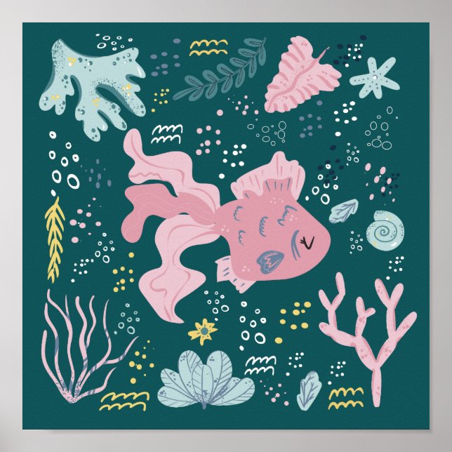 Cute Sleeping Pink Fish Underwater Doodle Poster (Front)