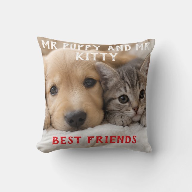 Cute Sleeping Puppy and Kitten Cuddle Cushion (Front)