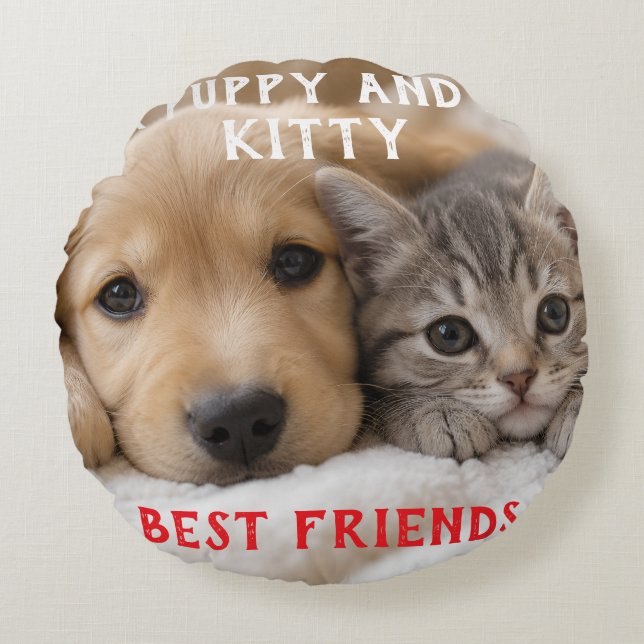 Cute Sleeping Puppy and Kitten Cuddle Round Cushion (Front)