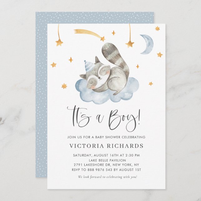 Cute Sleeping Racoon Blue It's a Boy Baby Shower Invitation (Front/Back)